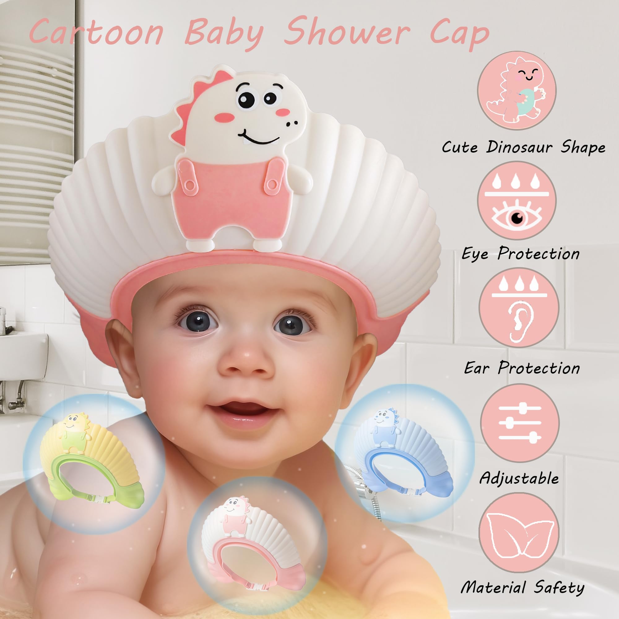 TinyGuardian baby shower cap shield pink dinosaur side view keeps ears dry during shampoo.