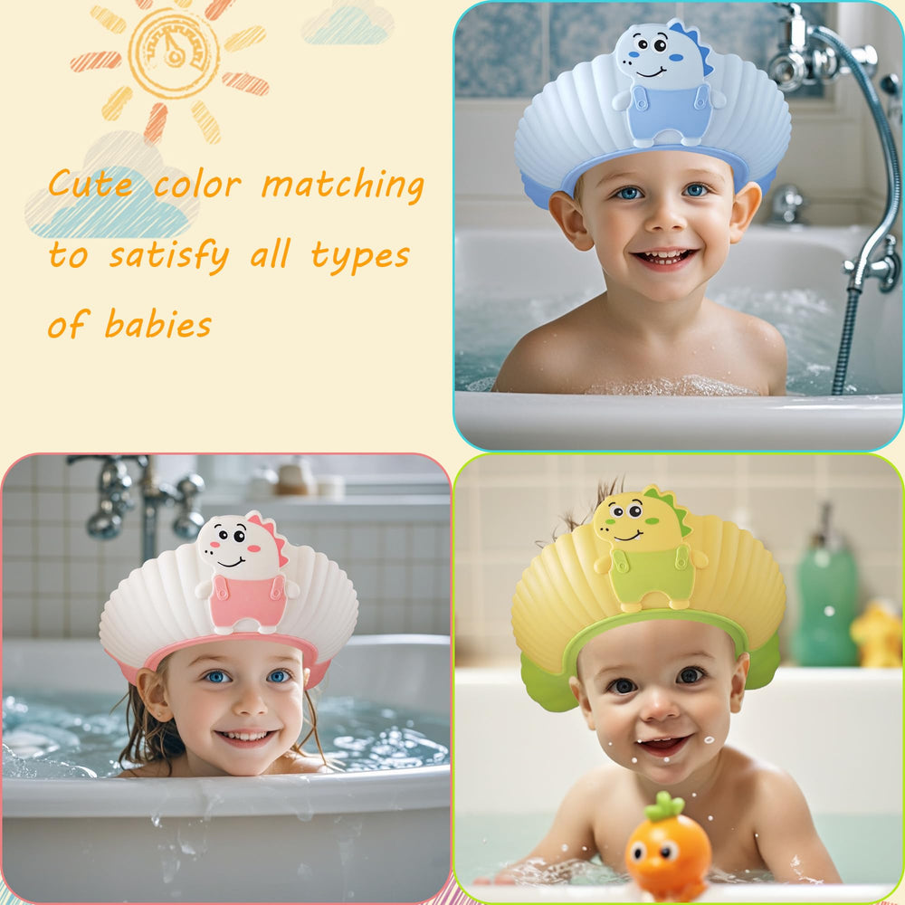 TinyGuardian pink dinosaur cap in-use image highlights water-protection during bath time.