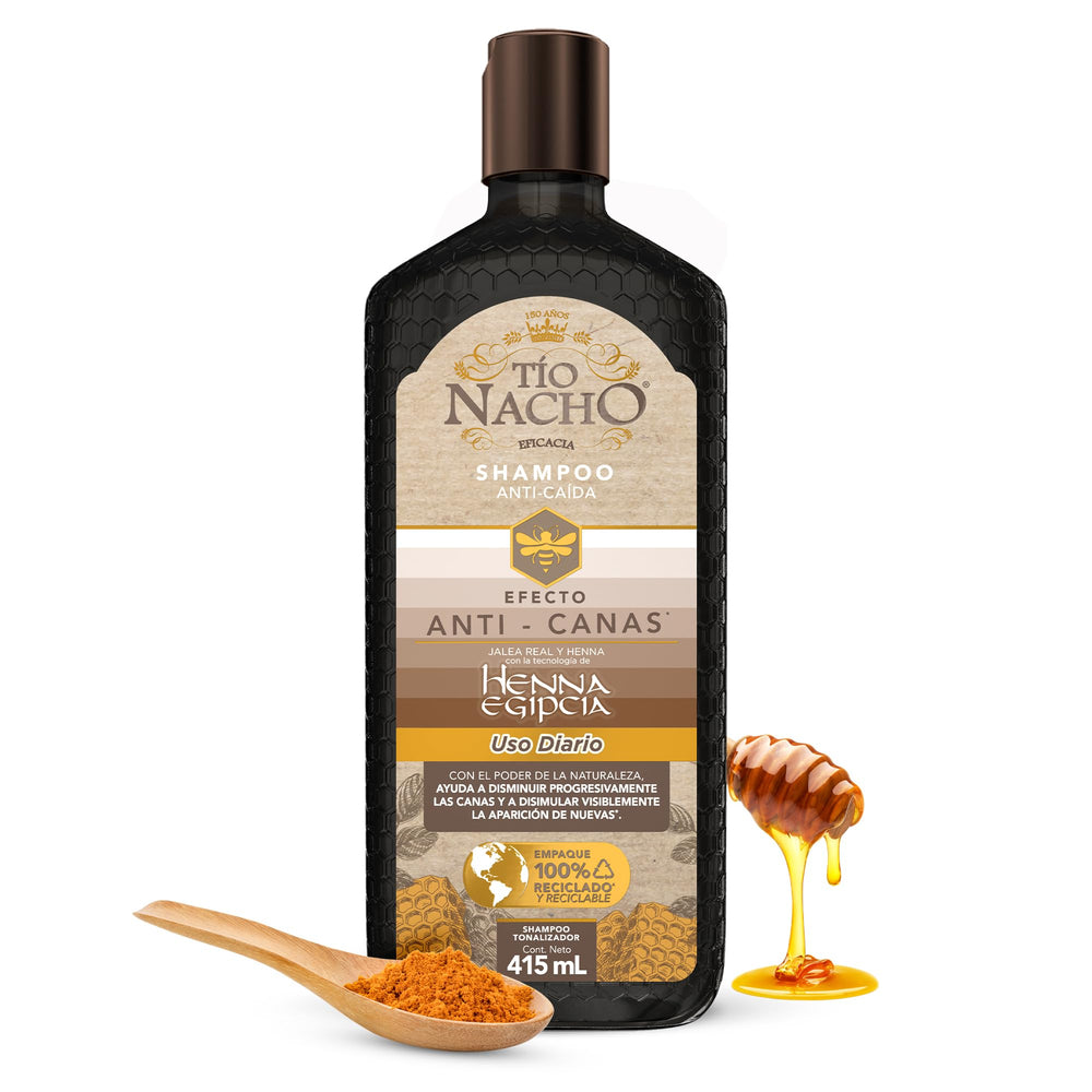 Tio Nacho anti-grey shampoo bottle preview highlights gradual color toning for brown to dark hair.