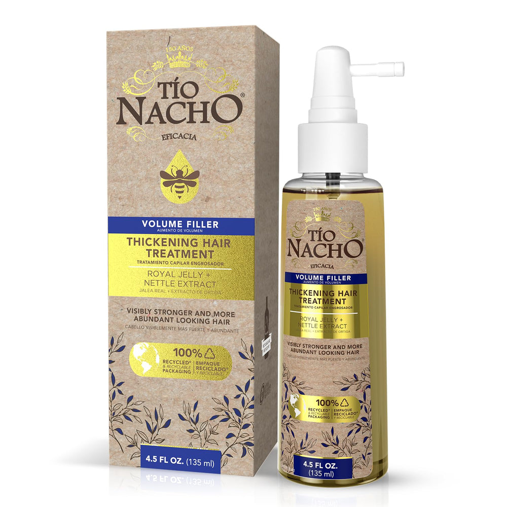 Tío Nacho Thickening Hair Treatment bottle shows hydration and fuller strands.