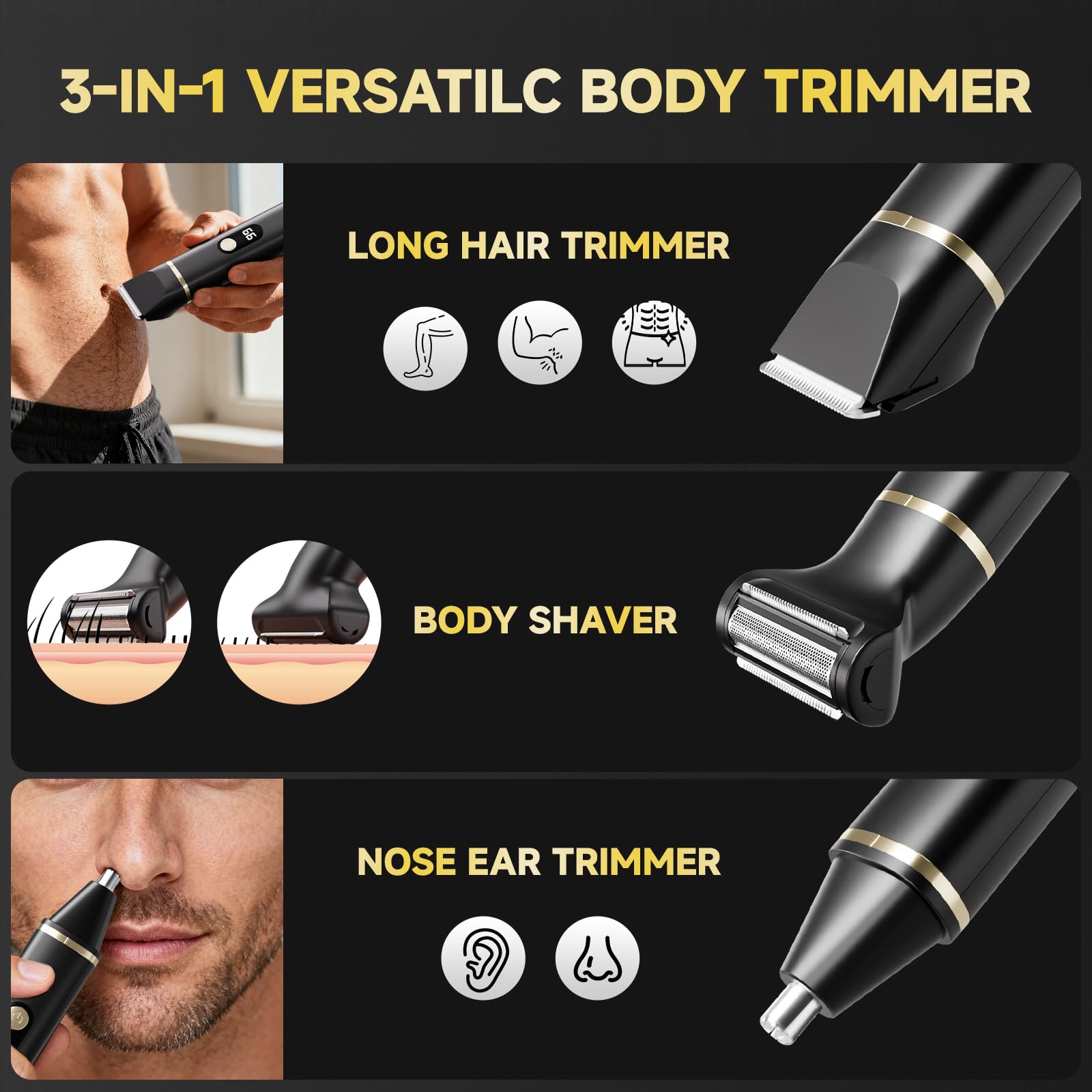 Tiovara body groomer in shower highlights IPX7 waterproof wet/dry versatility.