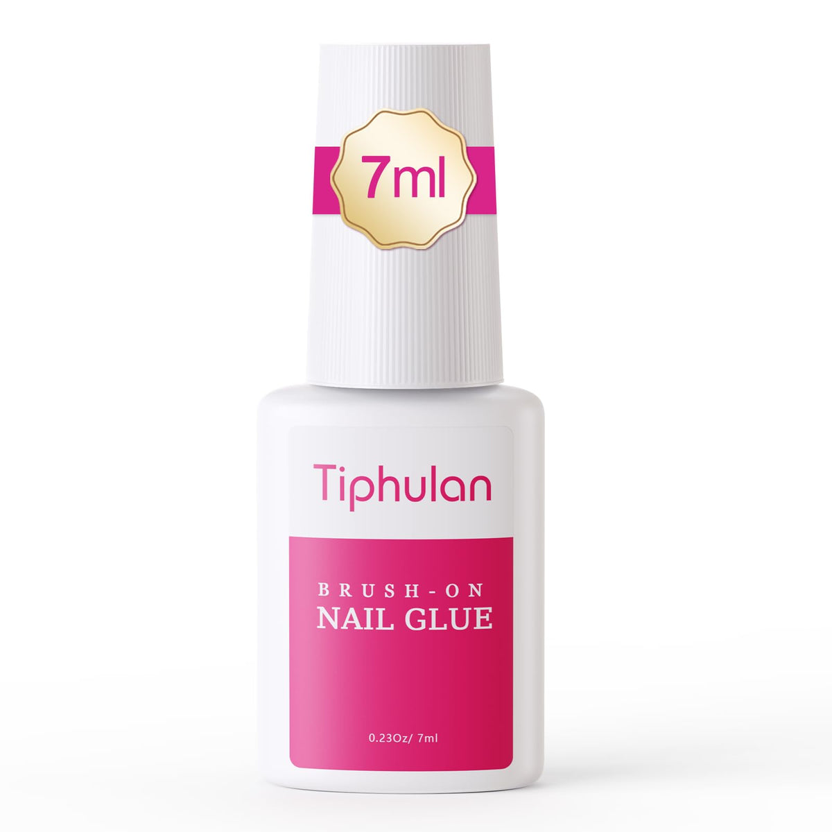 TIPHULAN brush-on nail glue bottle closeup with built-in brush for precise, mess-free application.