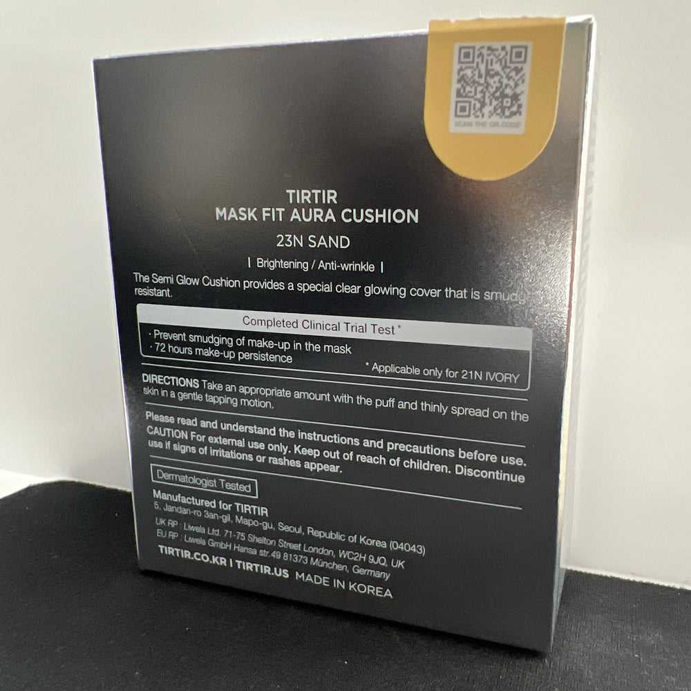 TIRTIR Mask Fit Aura Silver Cushion shade 23N Sand swatches blend with skin for natural balance.