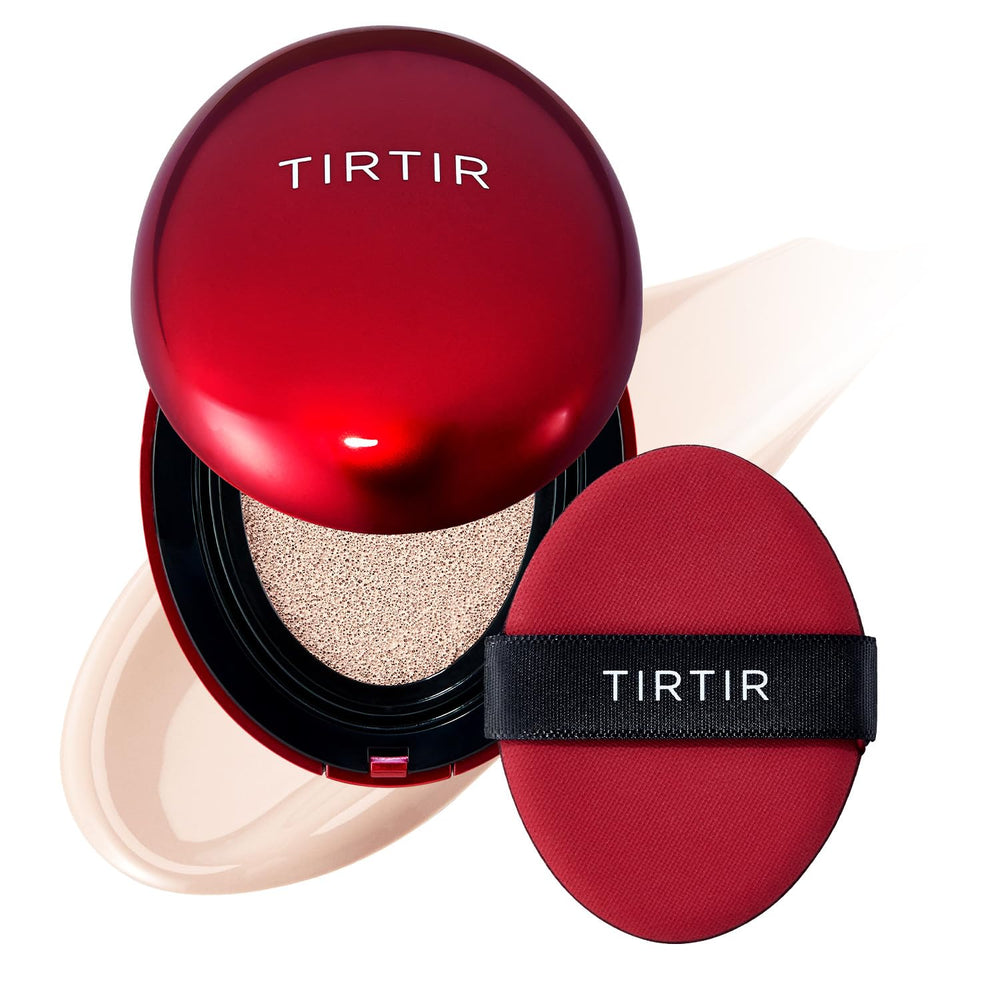 TIRTIR Mask Fit Red Cushion bottle close-up showing satin glow for all-day wear.