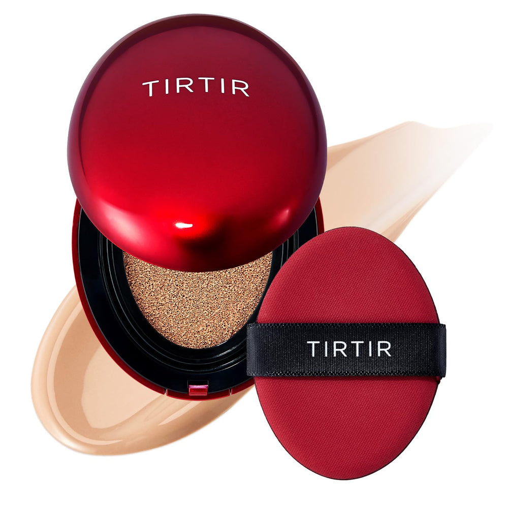 TIRTIR Mask Fit Red Cushion bottle closeup for even coverage and glass skin.