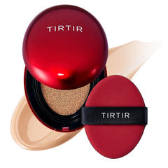 TIRTIR Mask Fit Red Cushion bottle closeup for even coverage and glass skin.