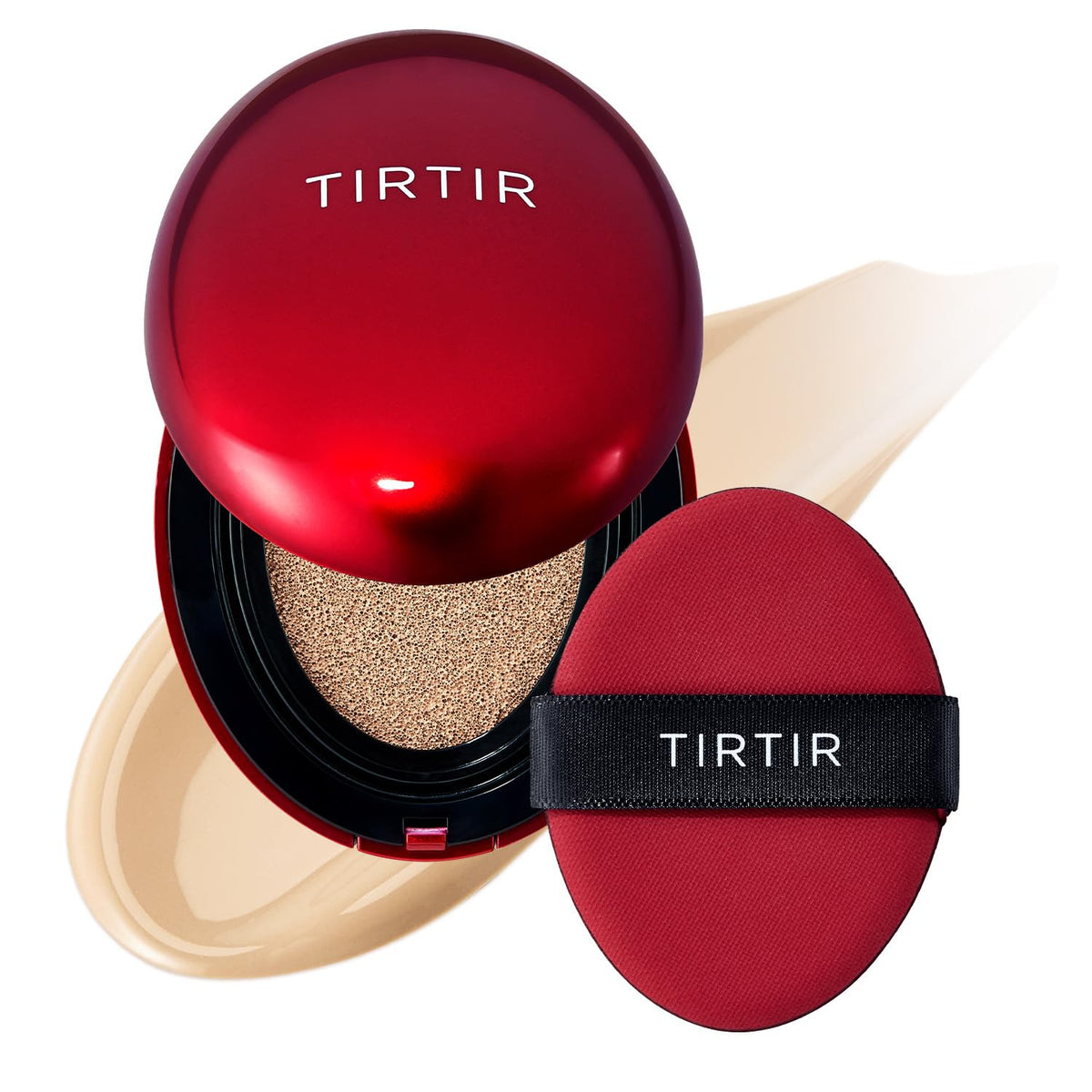 TIRTIR Mask Fit Red Cushion compact close-up highlighting smooth coverage for glass skin.
