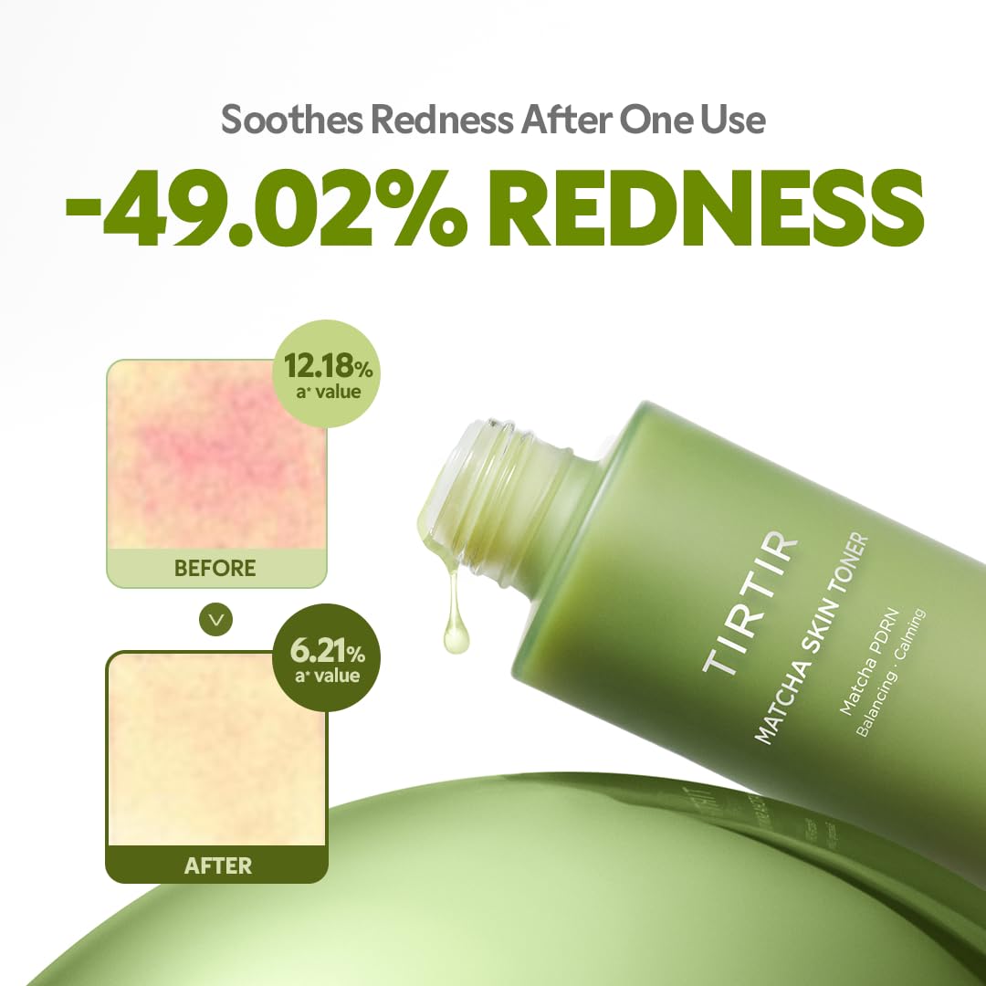 TIRTIR Matcha PDRN Toner soothing massage shot hints at gentle redness reduction over time.