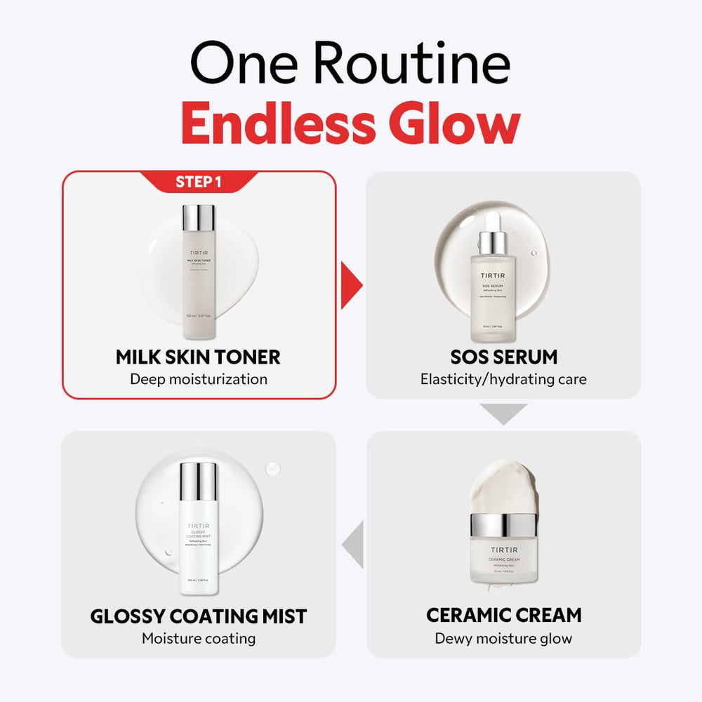 TIRTIR Milk Skin Rice Toner daily routine suggesting dewy, healthy-looking skin