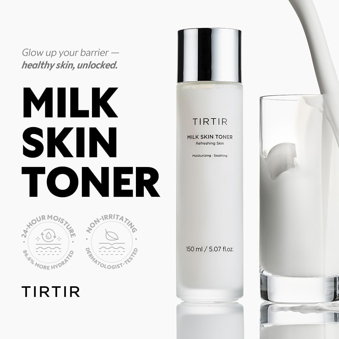 TIRTIR Milk Skin Rice Toner applied to the face for refreshed, balanced skin