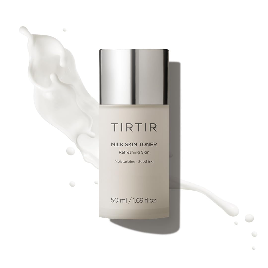 TIRTIR Milk Skin Toner bottle pour highlights deep hydration potential for glow