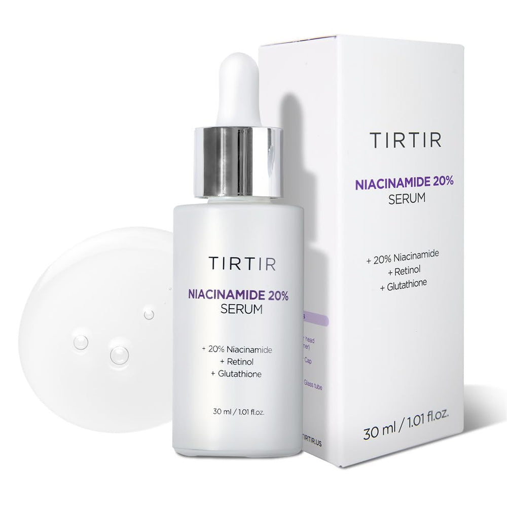TIRTIR Niacinamide 20% serum bottle highlights pore refinement and even tone.