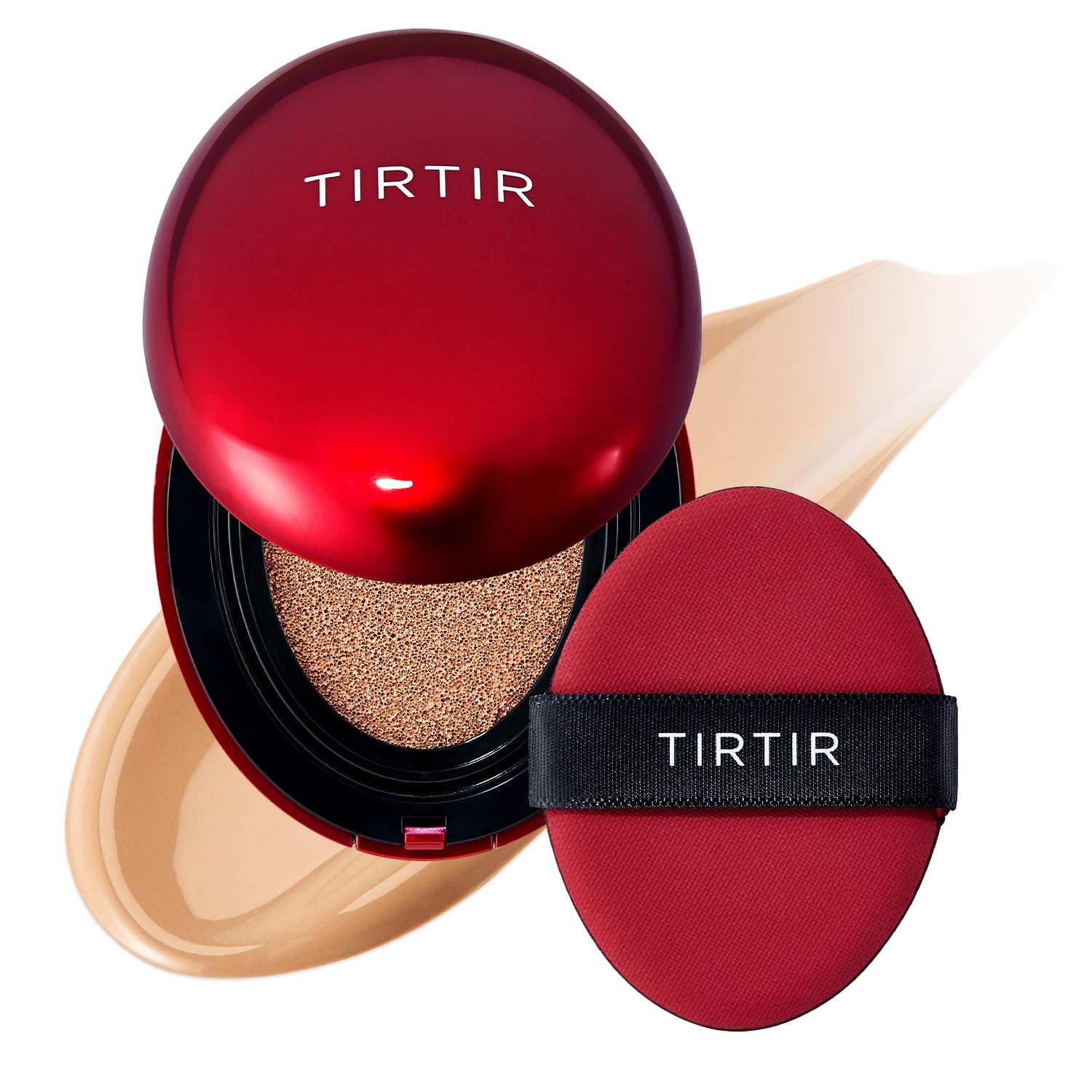 TIRTIR Mask Fit Red Cushion bottle pour shows weightless coverage and satin glow.