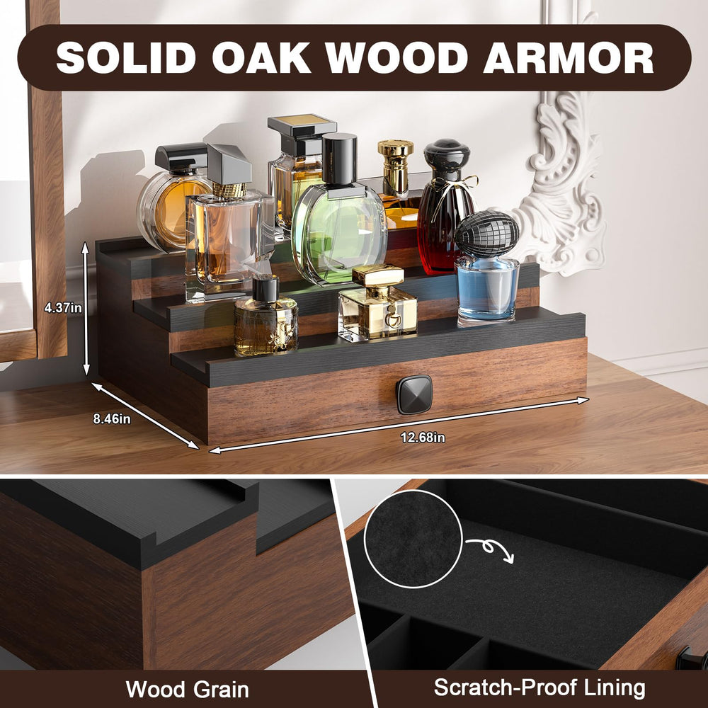 TIRYIUOU Cologne Organizer drawer open highlights velvet-lined space for jewelry.