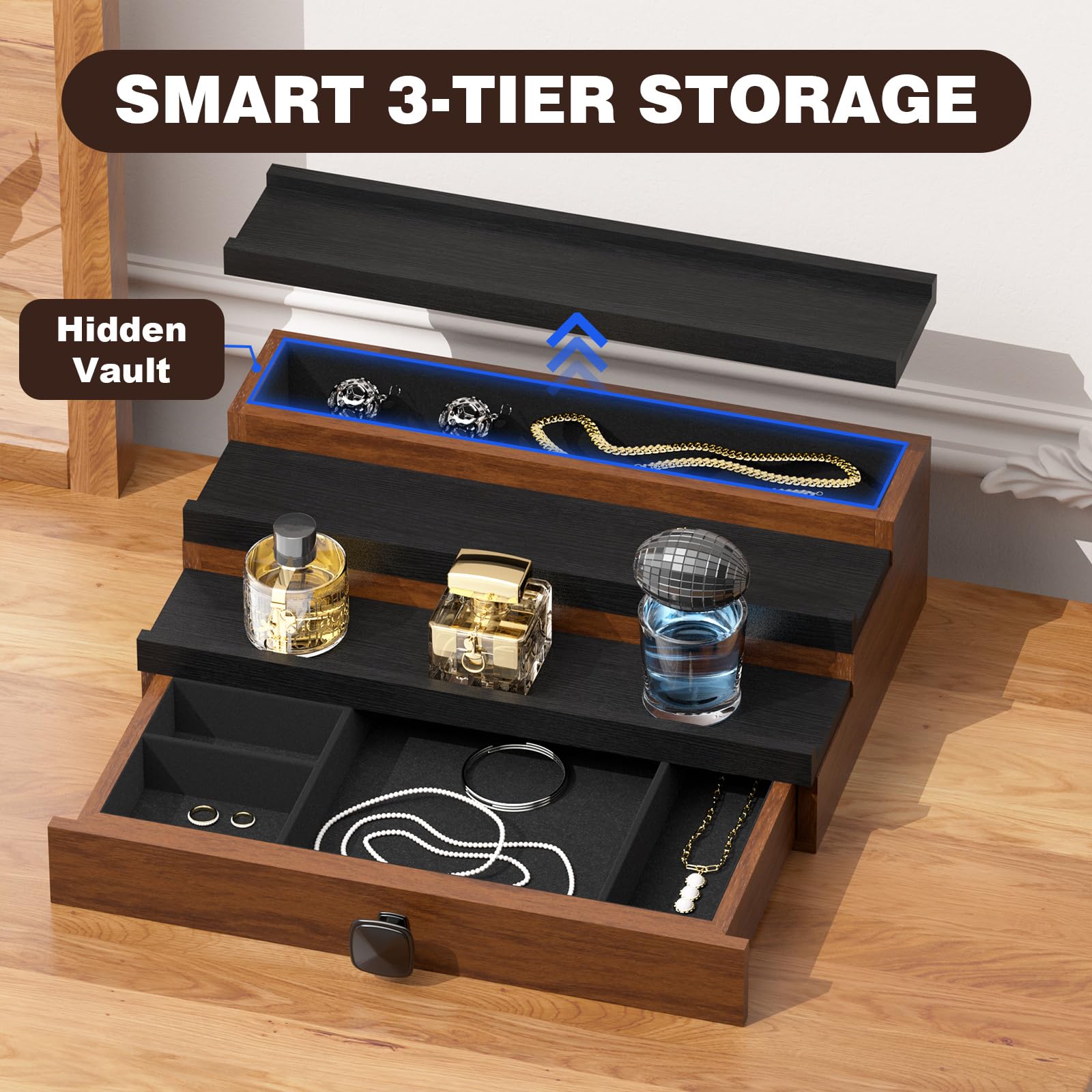 TIRYIUOU Cologne Organizer side profile demonstrates slim footprint saving counter space.