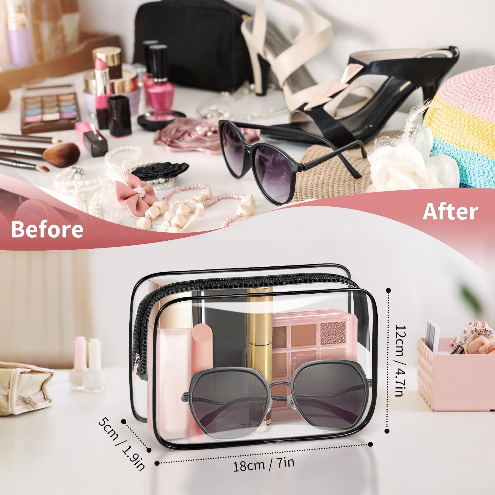 TISRATOK cosmetic pouch zipper close—sturdy zipper keeps cosmetics secure and contained.