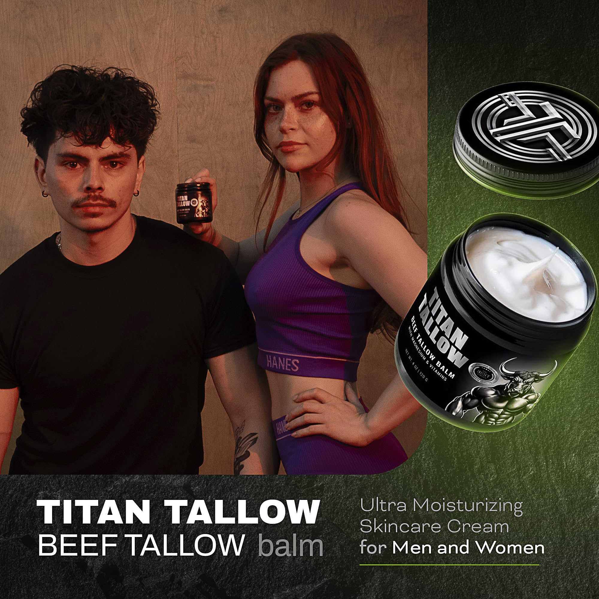 Titan Tallow all-in-one balm for face, body, and lips in one jar.