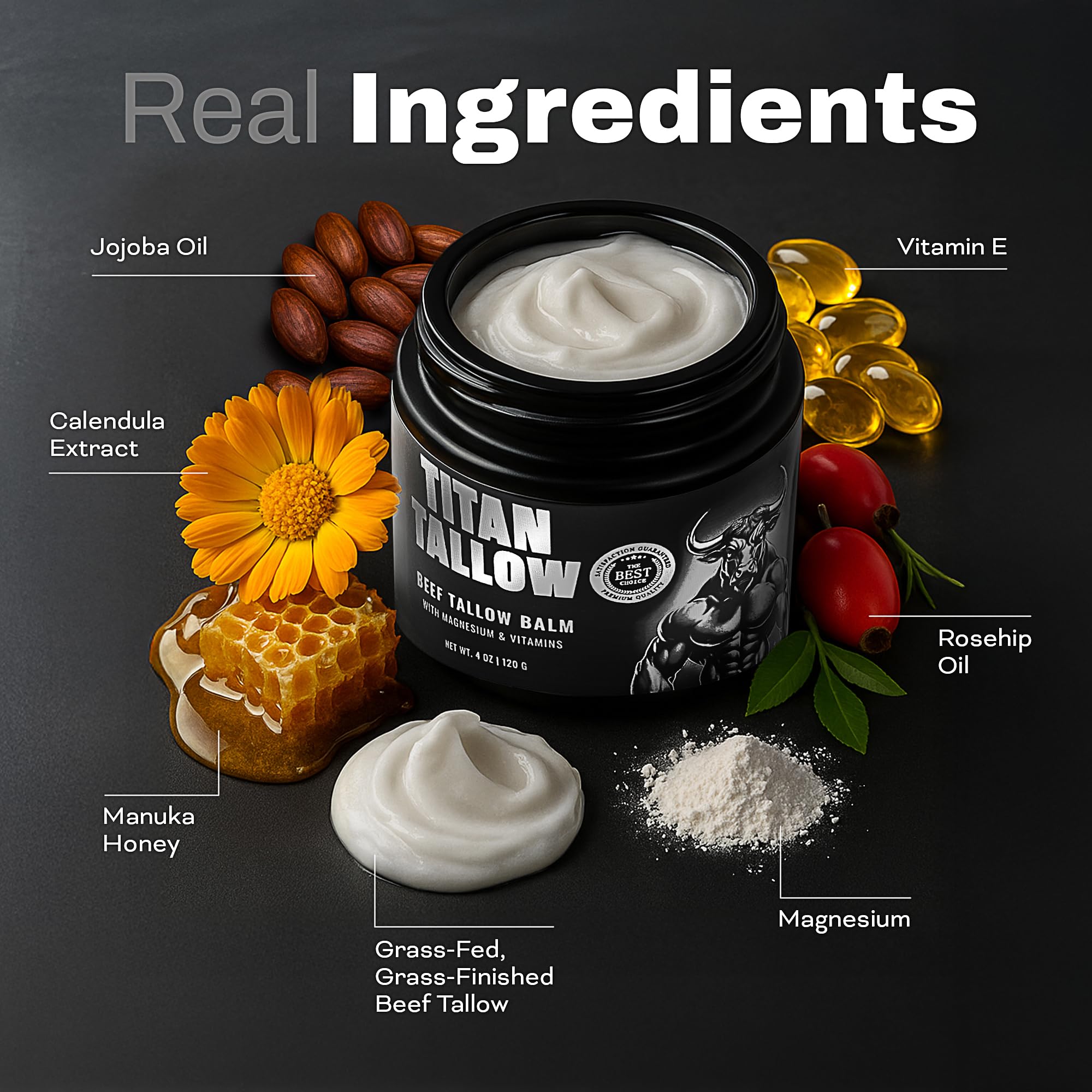 Titan Tallow balm jar with honey swirl, moisturizing for dry skin.