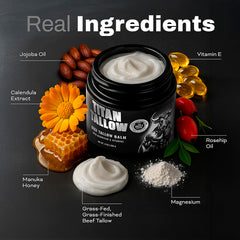 Titan Tallow balm jar with honey swirl, moisturizing for dry skin.