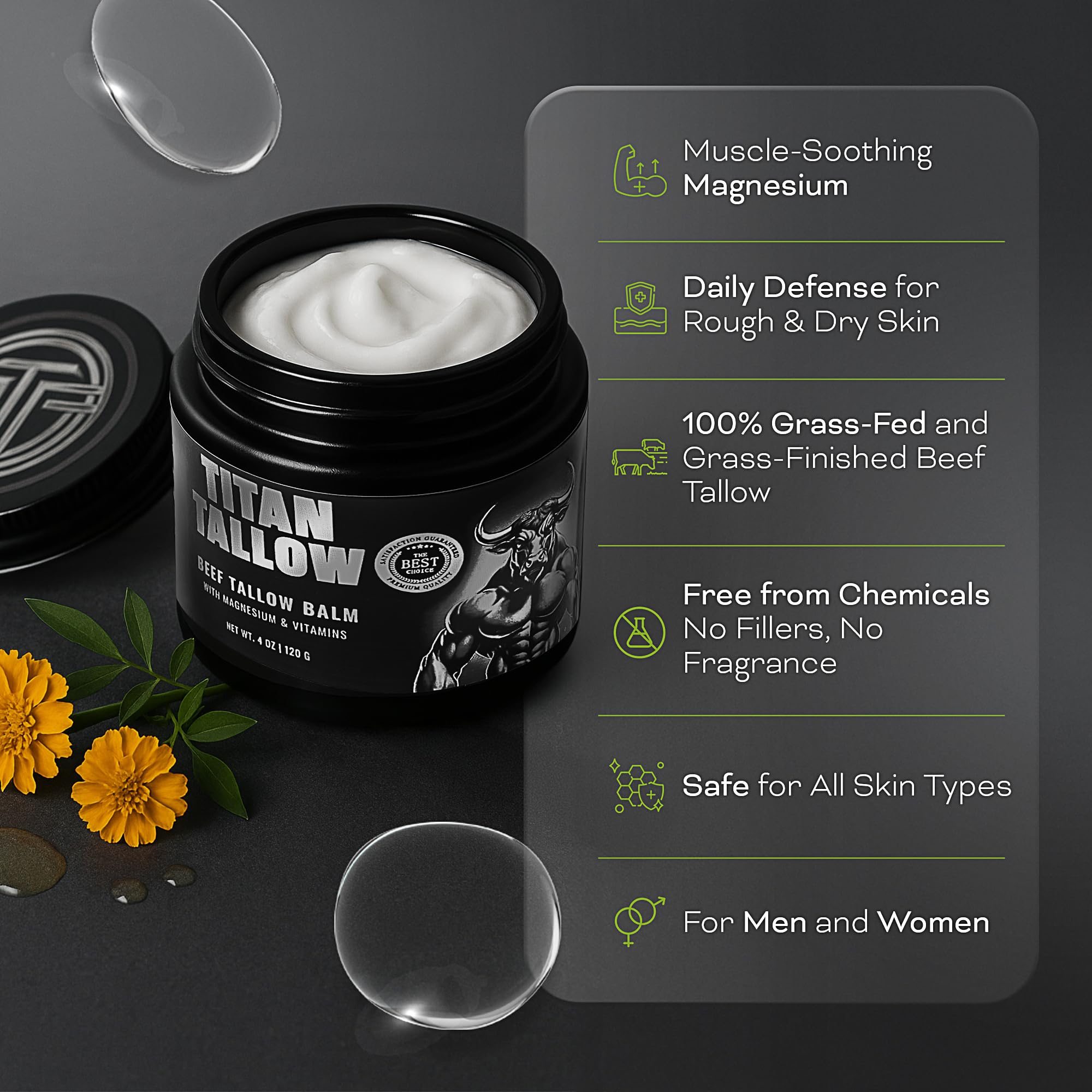 Titan Tallow after use, non-greasy hydration on skin.
