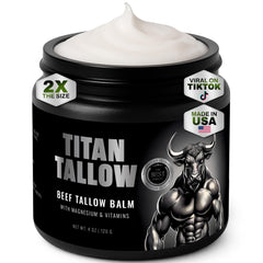 Titan Tallow beef tallow balm packaging, showcasing clean ingredients for skincare.