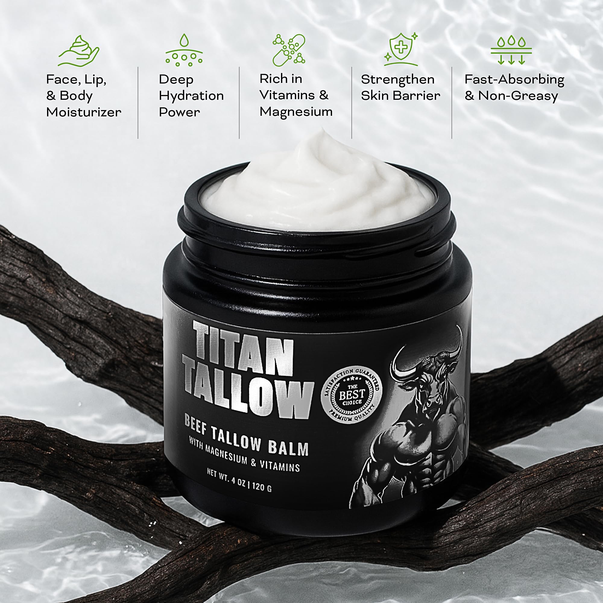 Titan Tallow packaging highlighting fragrance-free, non-toxic formula for sensitive skin.