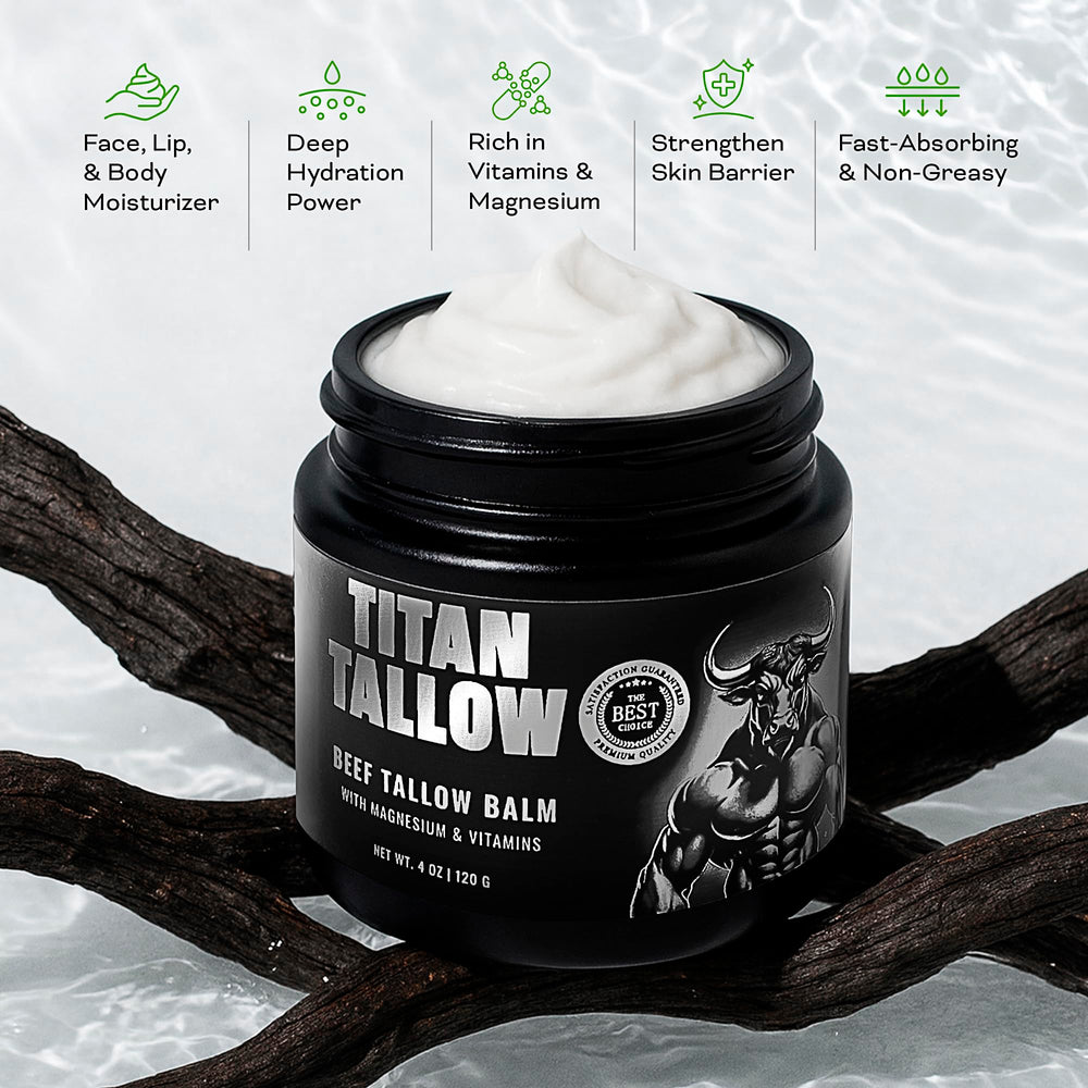 Titan Tallow packaging highlighting fragrance-free, non-toxic formula for sensitive skin.