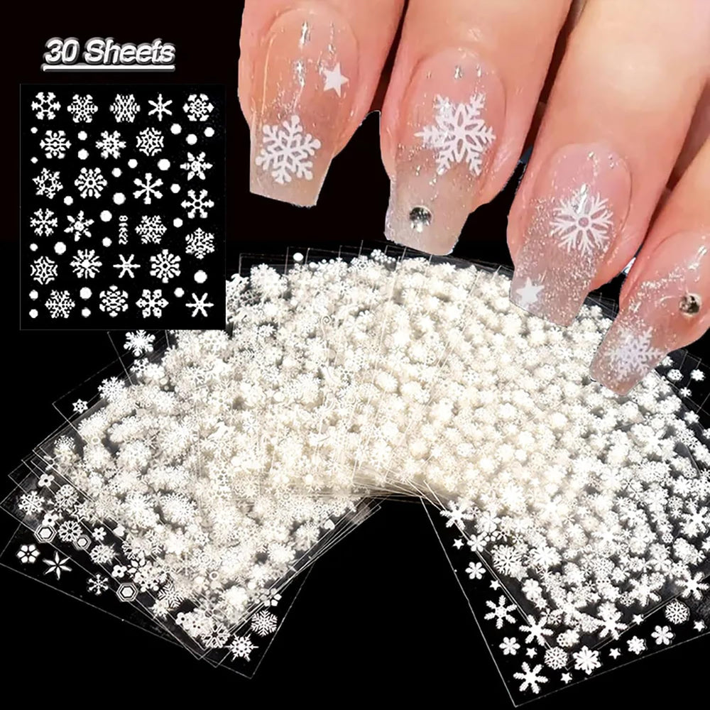Tiwnefua white snowflake nail stickers pack close-up for quick festive manicures.