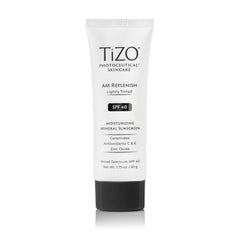 TIZO AM Replenish SPF 40 bottle front displaying branding and compact size for daily protection.