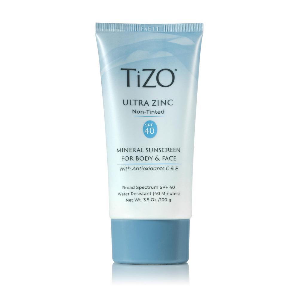 TiZO Ultra Zinc non-tinted bottle shows mineral SPF protection for all skin tones.