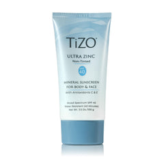 TiZO Ultra Zinc non-tinted bottle shows mineral SPF protection for all skin tones.