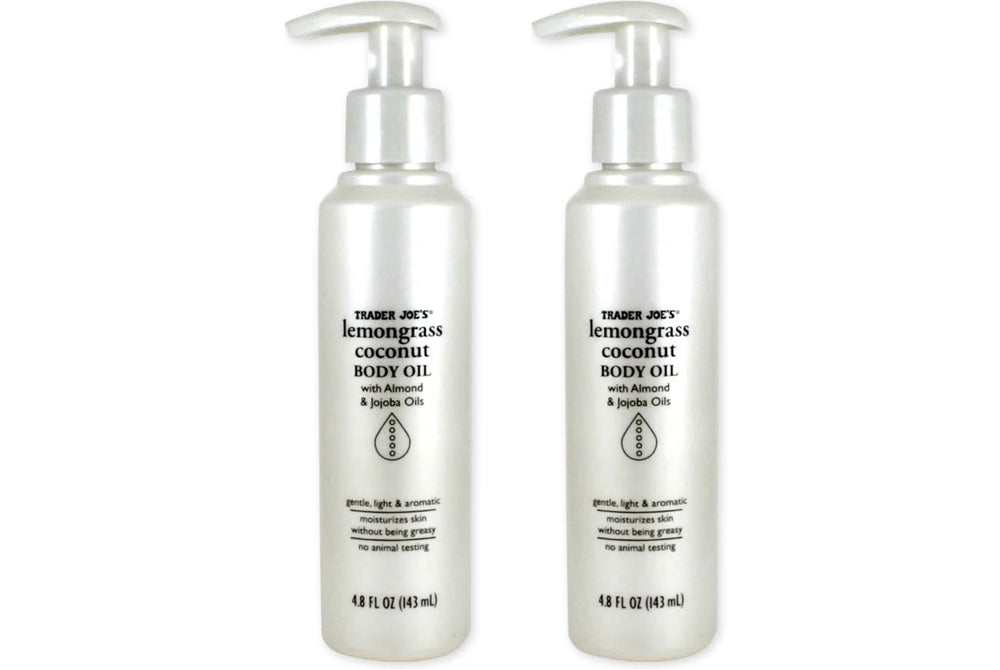 TJ's Lemongrass Coconut Body Oil bottle pour for easy application