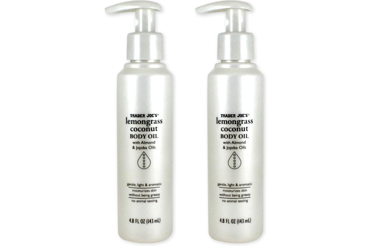TJ's Lemongrass Coconut Body Oil bottle pour for easy application
