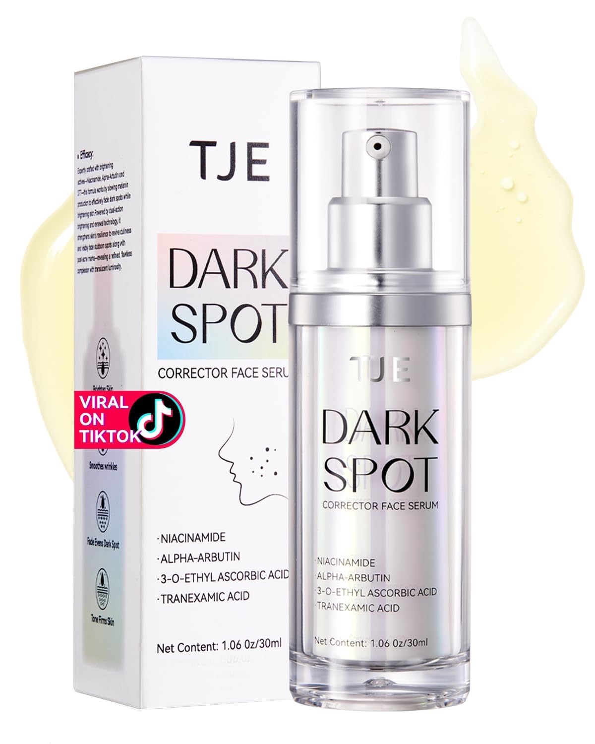 TJE Dark Spot Serum bottle shows targeted brightening for uneven skin tone