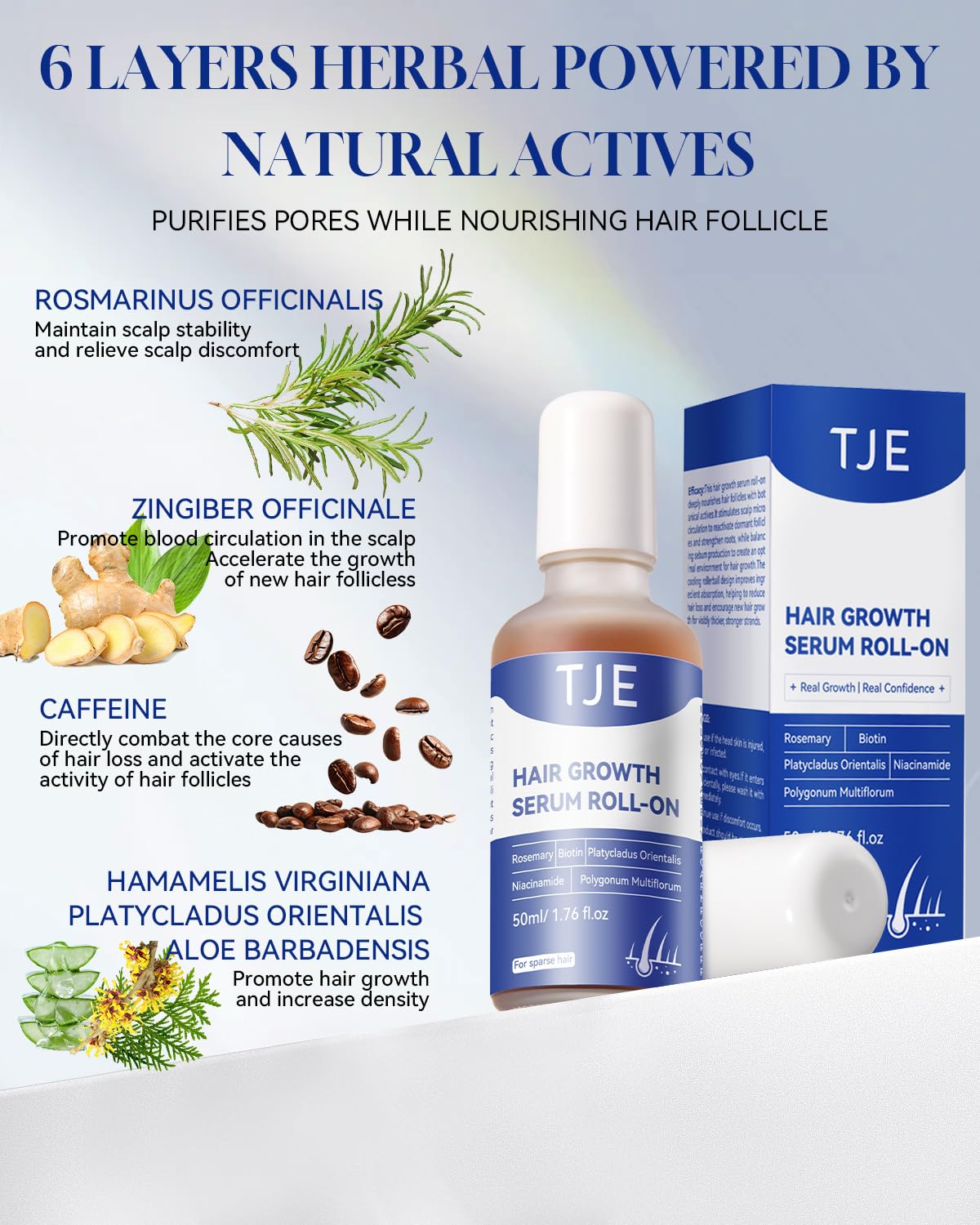 TJE Hair Growth Serum Roll-On applied to scalp for quick absorption.