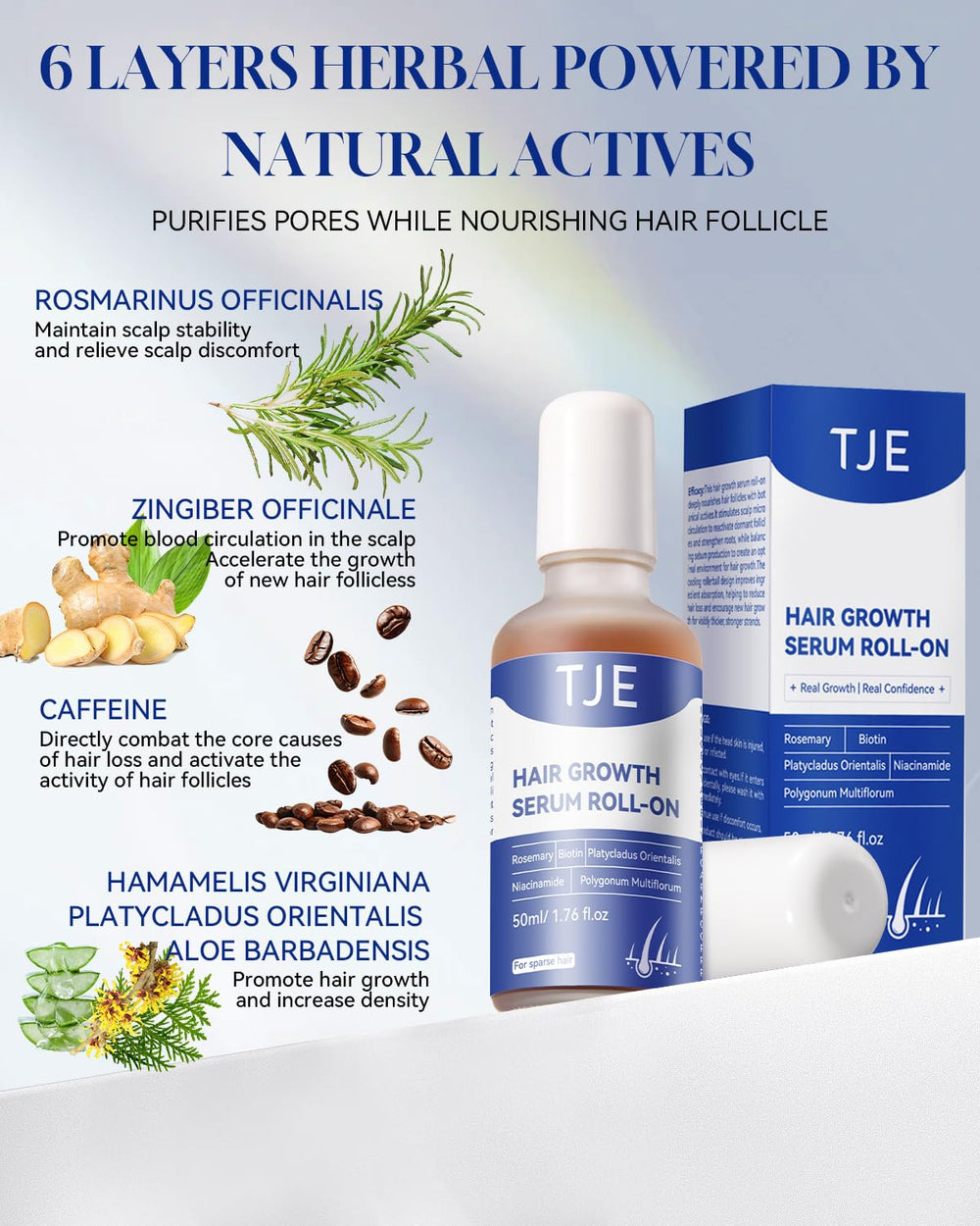 TJE Hair Growth Serum Roll-On applied to scalp for quick absorption.