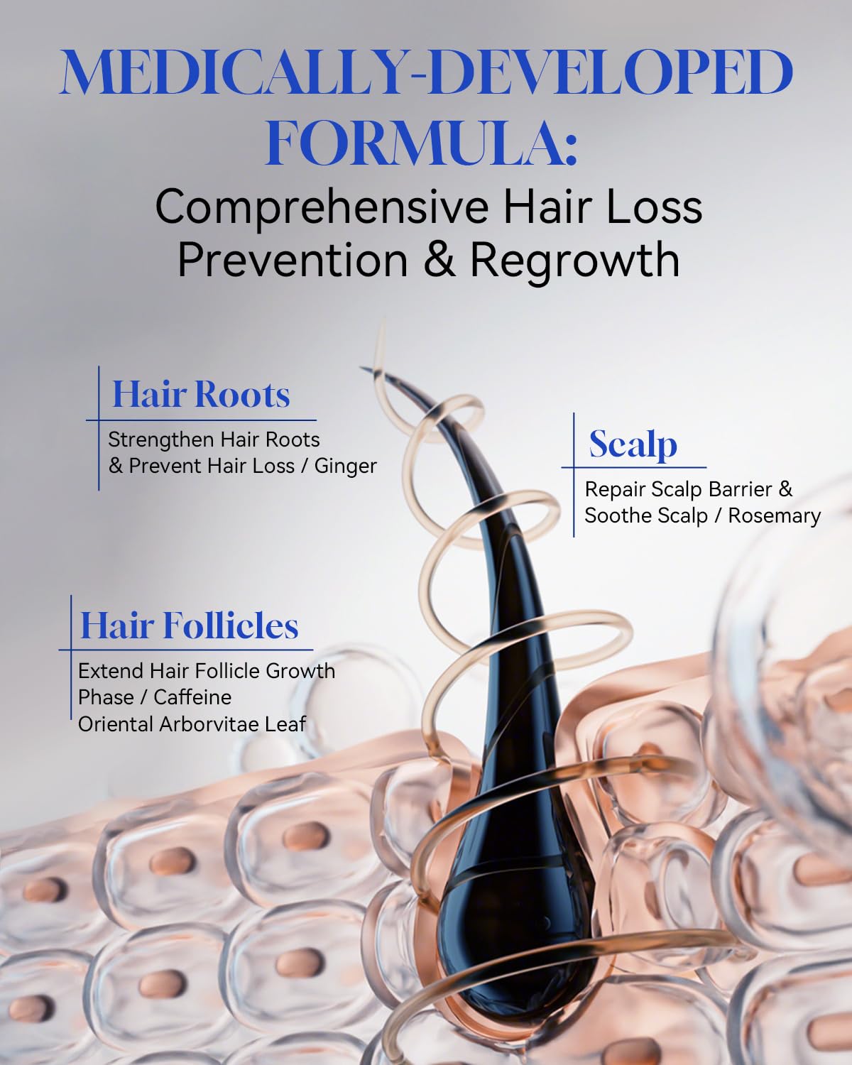 TJE Hair Growth Serum Roll-On ingredients featuring rosemary and caffeine.