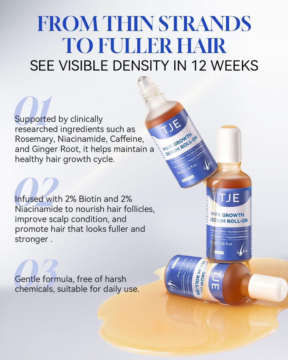 TJE Hair Growth Serum Roll-On absorbs quickly for daily use.