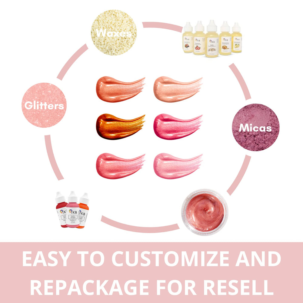 TKB Lip Gloss Base enriched with coconut oil and vitamin E for moisture.