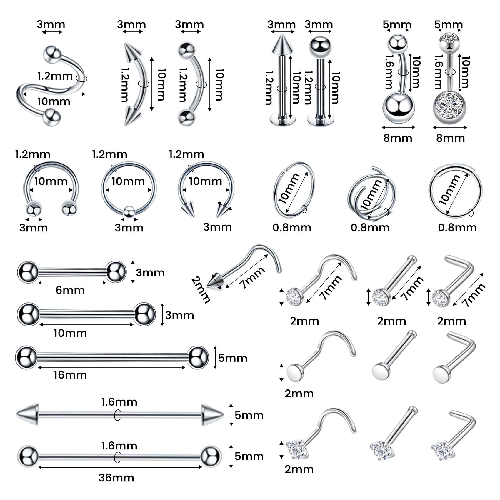 TKKUY 153Pcs piercing kit contents-closeup highlights diverse components for nose, ear, lip, and body piercings.