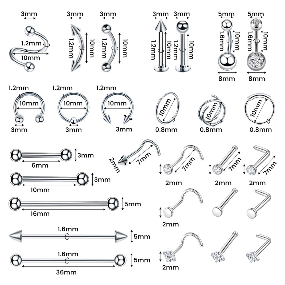 TKKUY 153Pcs piercing kit contents-closeup highlights diverse components for nose, ear, lip, and body piercings.