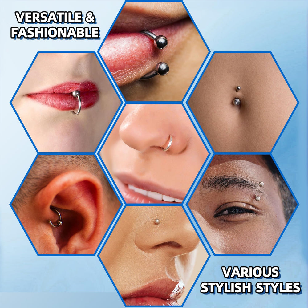 TKKUY diverse jewelry styles including curved barbells and labret studs.