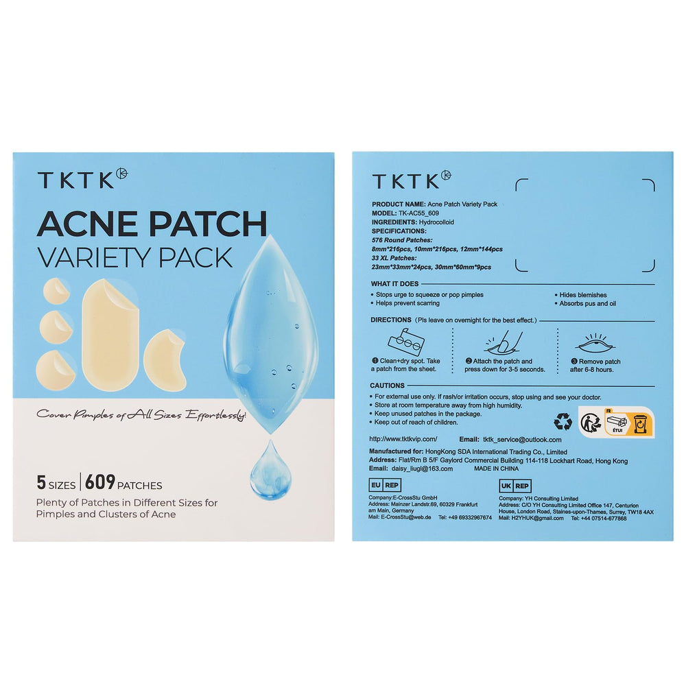 TKTK patches cover cheeks, forehead, and chin for discreet blemish care.