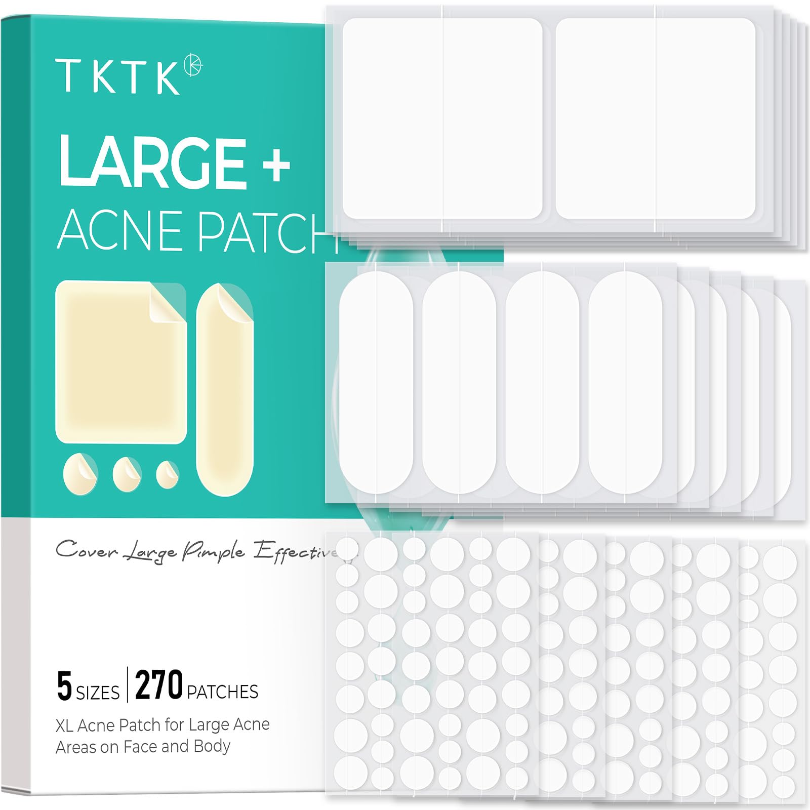 TKTK hydrocolloid 45x45mm square patch for large acne areas, discreet wear.