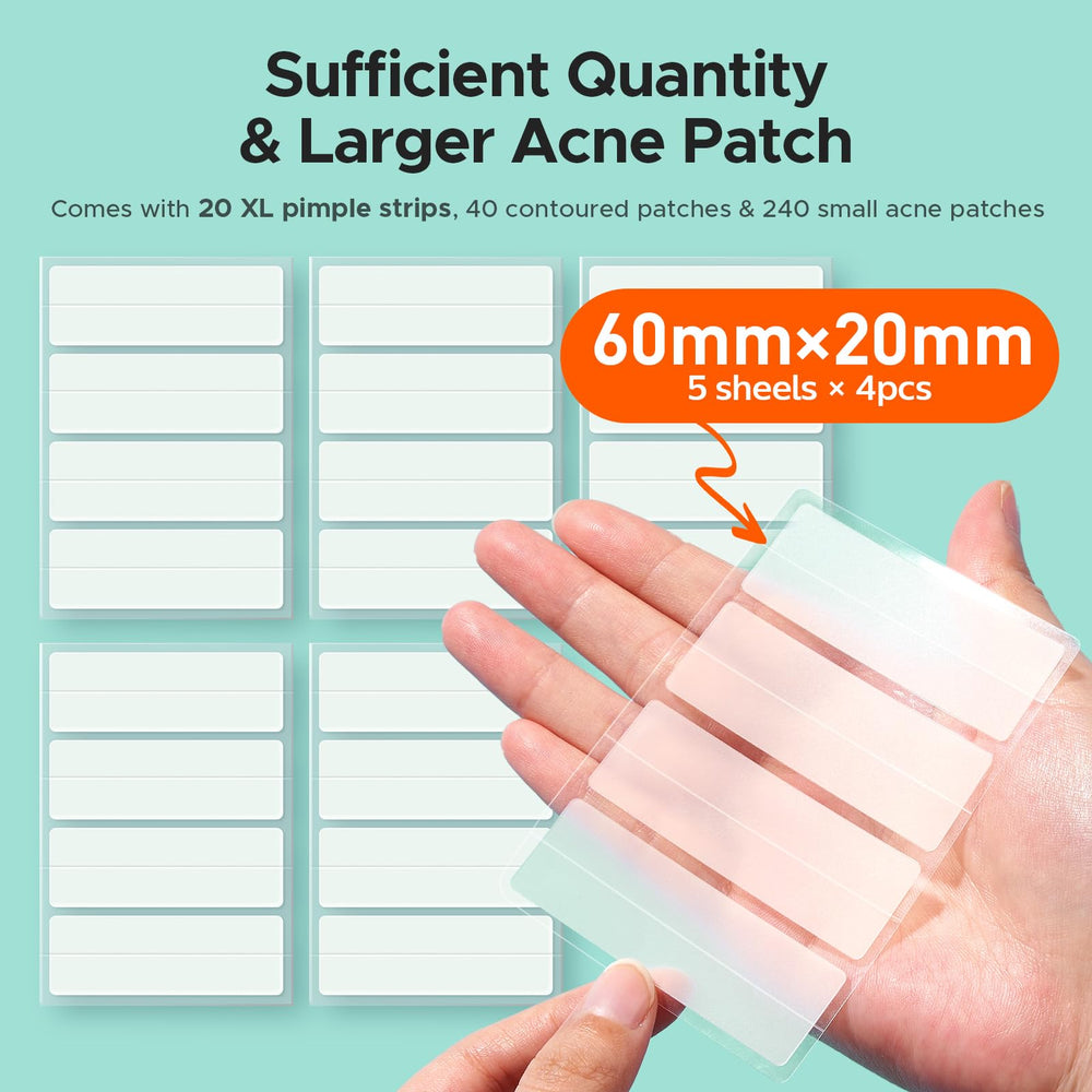TKTK contoured 33x23 mm patches adapt to facial contours for larger blemishes.