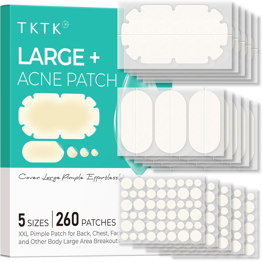 TKTK XXL body patch on back covers large acne areas for discreet protection.