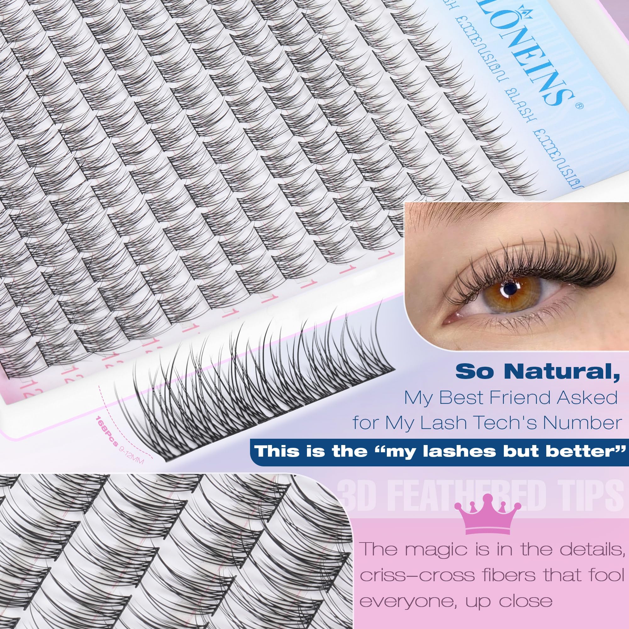 TNFVLONEINS 168pcs packaging shows abundant lash clusters for multiple looks.
