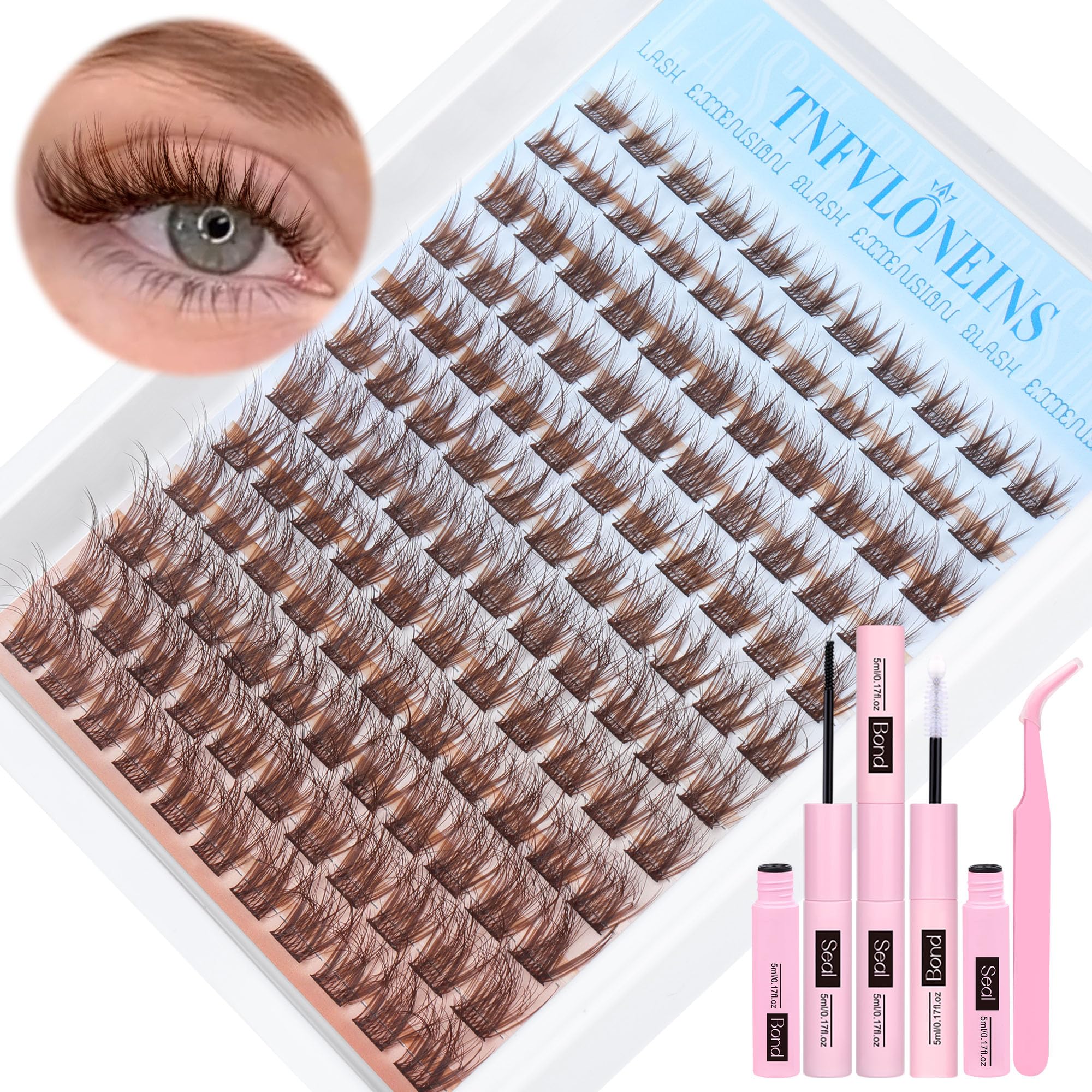 TNFVLONEINS brown lash clusters kit closeup shows fluffy natural lashes for subtle enhancement.