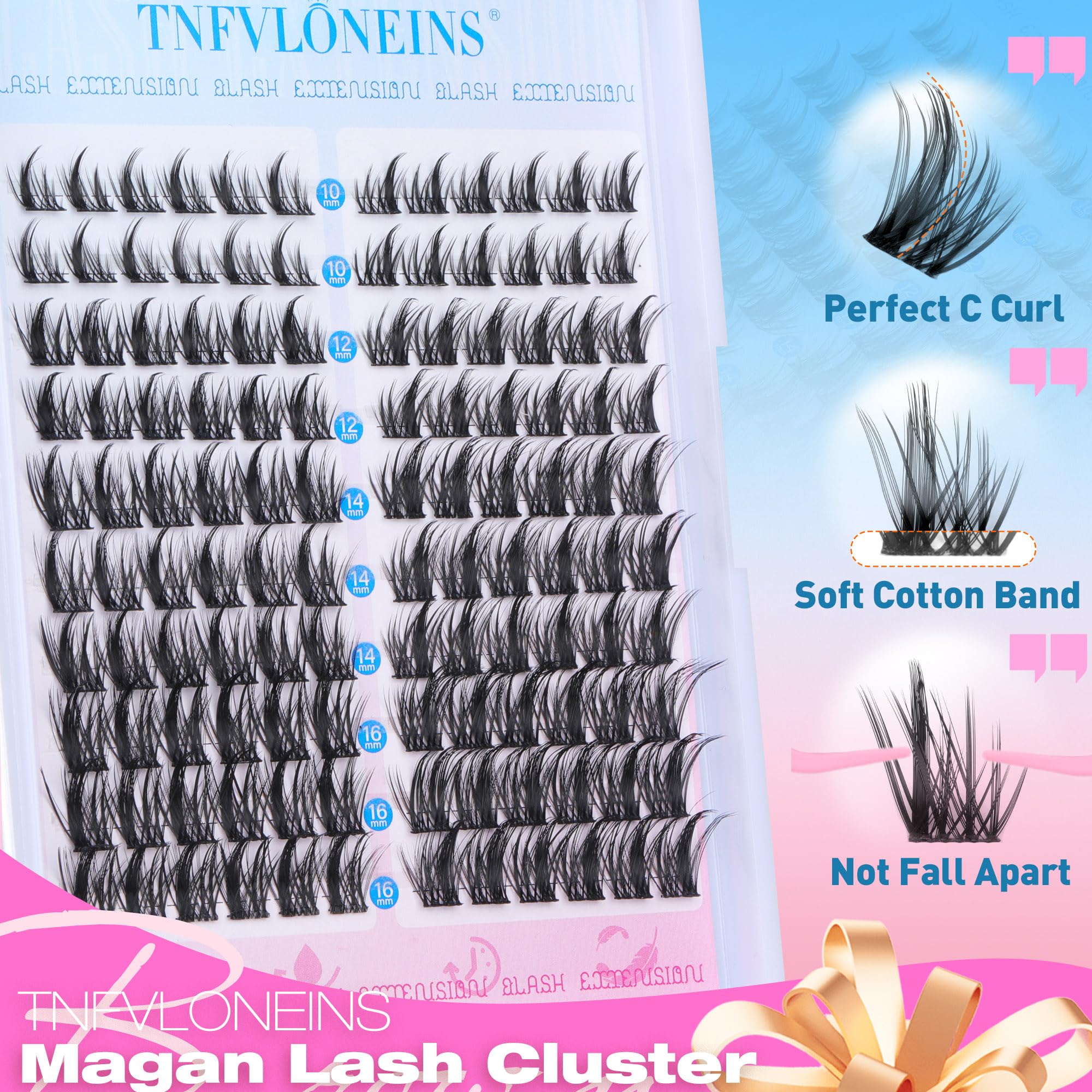 TNFVLONEINS Manga Lash Clusters close-up highlighting 10–16mm lengths for natural, customizable looks.