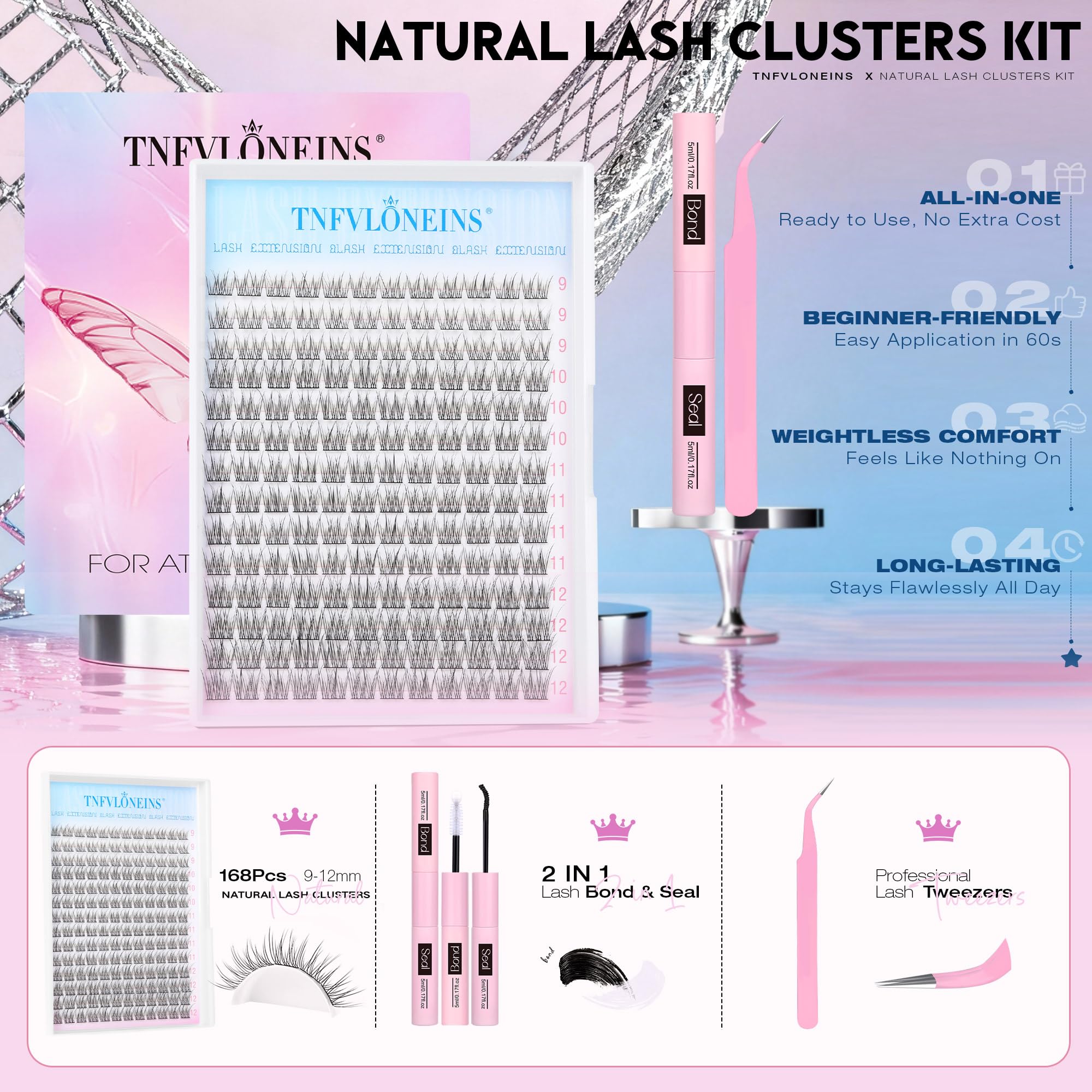TNFVLONEINS wispy 9-12mm lashes kit demonstrating easy DIY lash styling options.